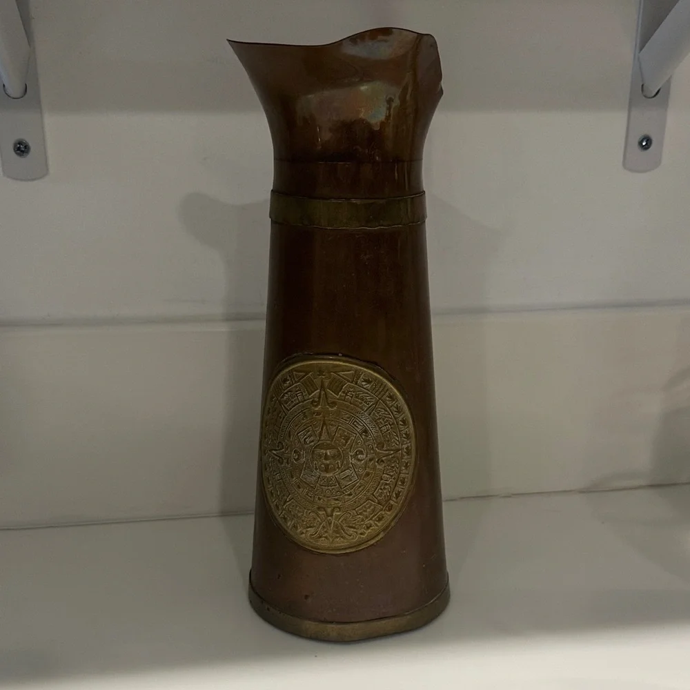 VINTAGE Hammered Copper & Brass Aztec Calendar Pitcher Vase